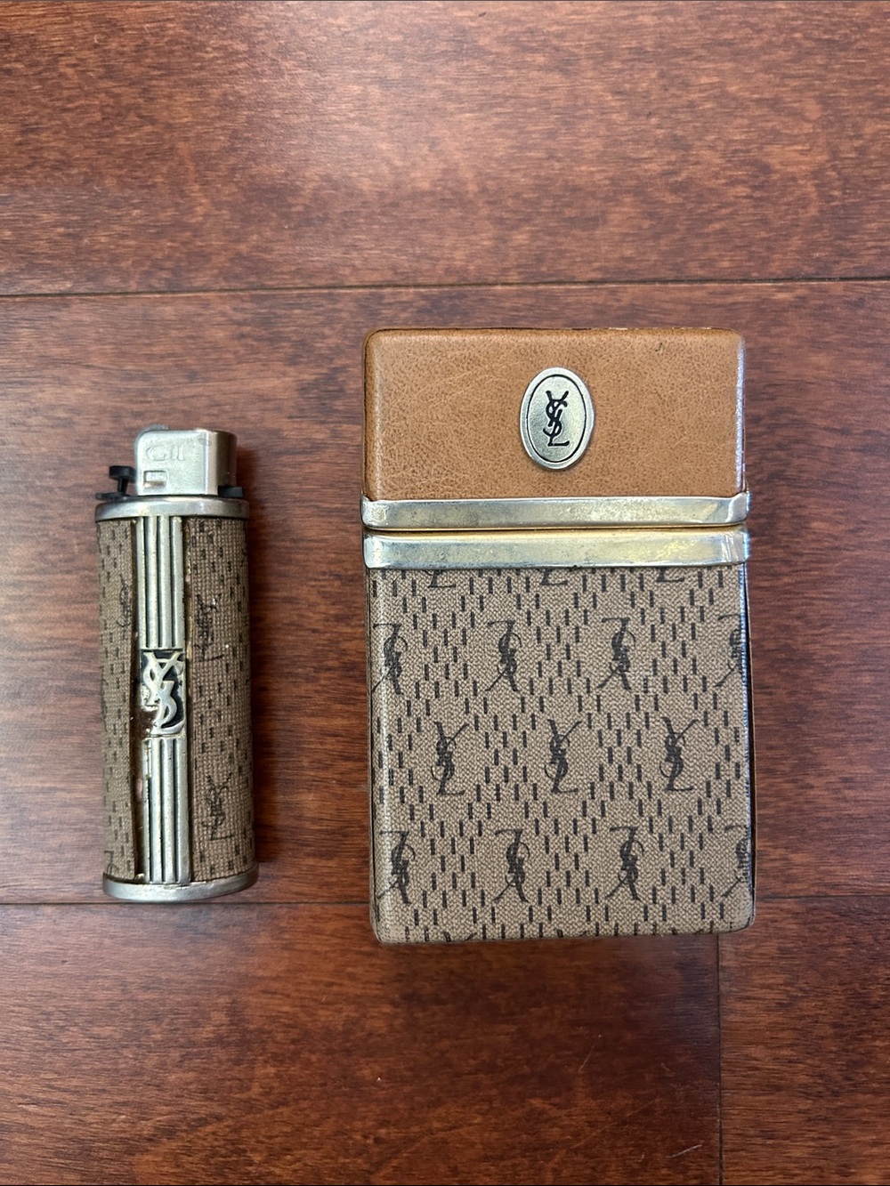 Rare Vintage Yves Saint Laurent Tan and Brown Monogram Cigarette & Lighter Case